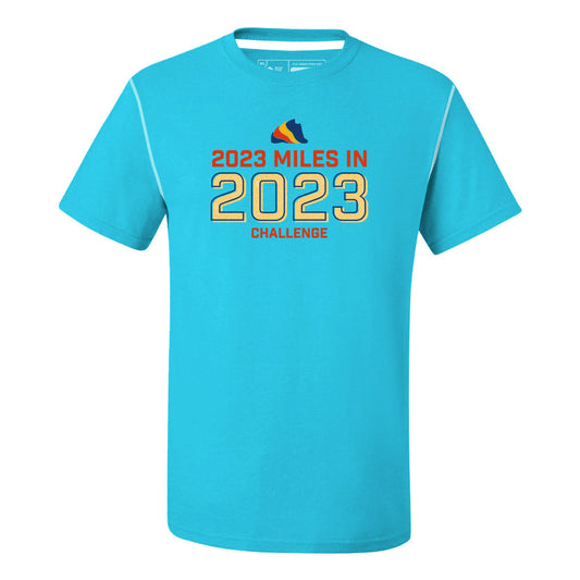 The Run The Year 2023 miles in 2023 challenge tech shirt. This custom-dyed tech shirt is a performance-grade garment engineered for races or just looking stylish! Made of custom fabric that is light, comfortable, and durable.